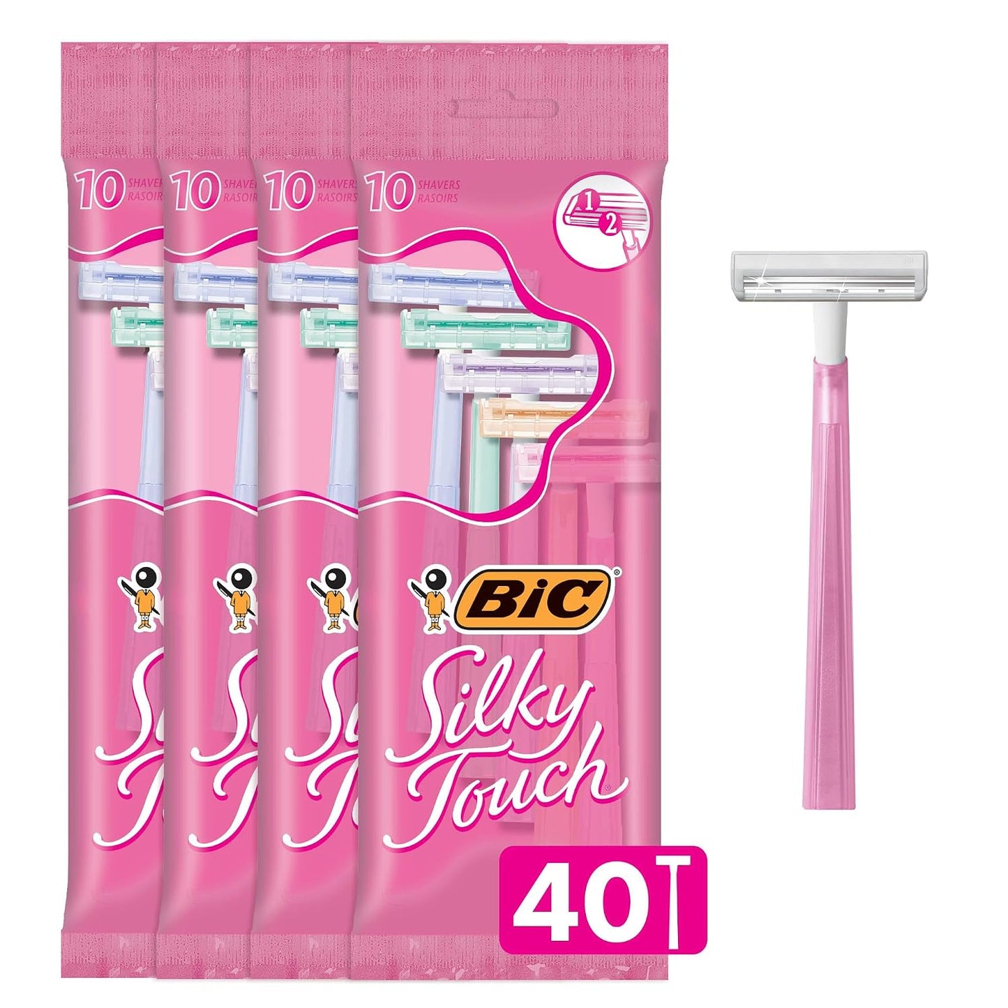 BIC Silky Touch Women's Disposable Razors, With 2 Blades, Pretty Pastel Razor Handles, 10 Count Pack of Shaving Razors