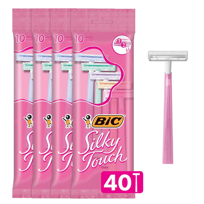 BIC Silky Touch Women's Disposable Razors, With 2 Blades, Pretty Pastel Razor Handles, 10 Count Pack of Shaving Razors