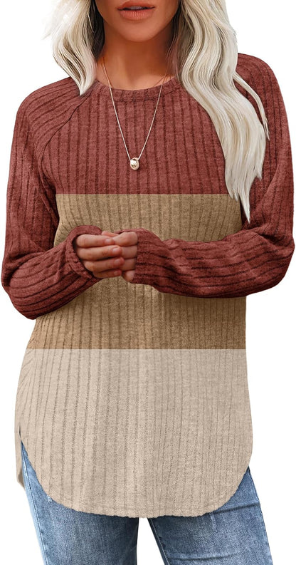 Saloogoe Long Sleeve Shirts for Women 2026 Fall Clothes Tunic Tops Loose Fit Dressy Crewneck Pullover Sweaters Curved Hem
