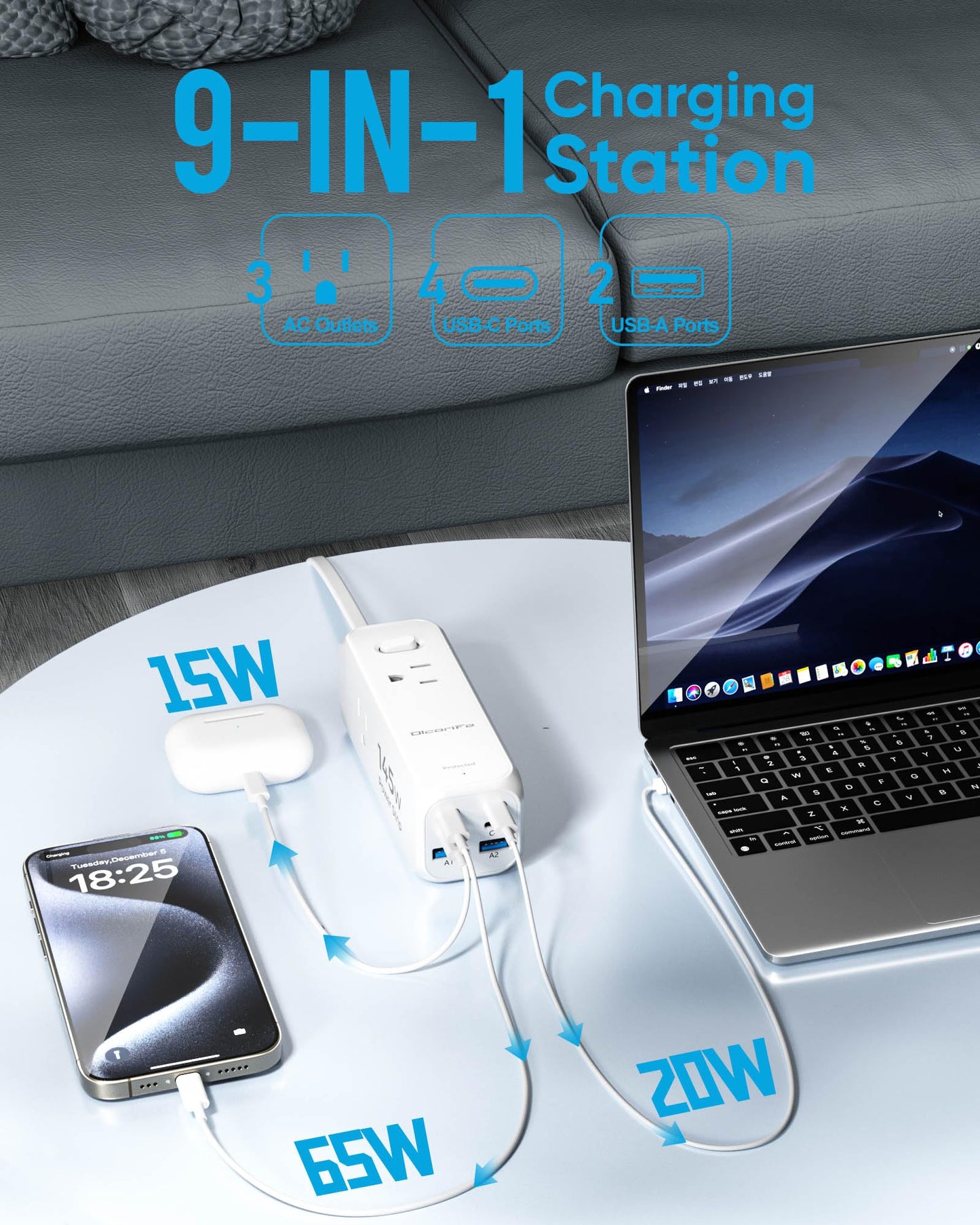 Olcorife Flat Plug Power Strip with 5 FT Extension Cord, 6 Outlets 3 USB Ports(1 USB C), 3 Sided Outlet Extender for Home Office Travel Dorm Room Essentials, White