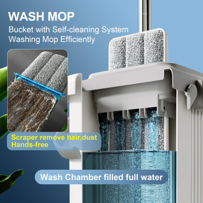 JOYMOOP Wall Mop and Bucket Set, Hands-Free Flat Floor Mop with 3 Washable Microfiber Pads, Wet and Dry Use, Ideal for Home and Commercial Floor Cleaning