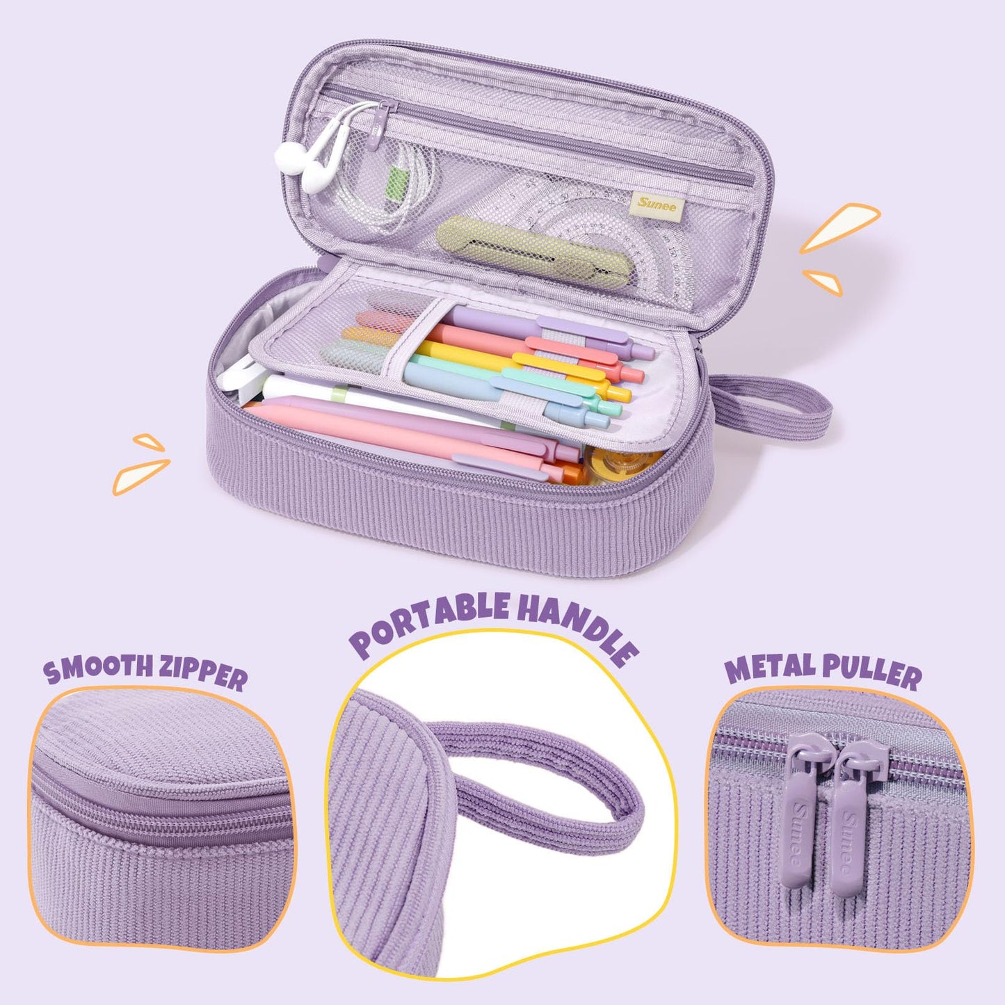 SUNEE Cute Pencil Case, Soft Corduroy Large Capacity Pencil Pouch, Aesthetic Zipper Pencil Bag, Big Storage Pen Organizer for Stationery, Pencil Box Back to School Supplies for Teen Girls Boys, Beige