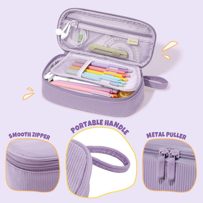 SUNEE Cute Pencil Case, Soft Corduroy Large Capacity Pencil Pouch, Aesthetic Zipper Pencil Bag, Big Storage Pen Organizer for Stationery, Pencil Box Back to School Supplies for Teen Girls Boys, Beige