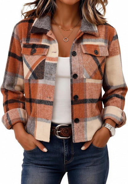 Zeagoo Flannels for Women Cropped Shacket Jacket Fashion Plaid Fall Coat