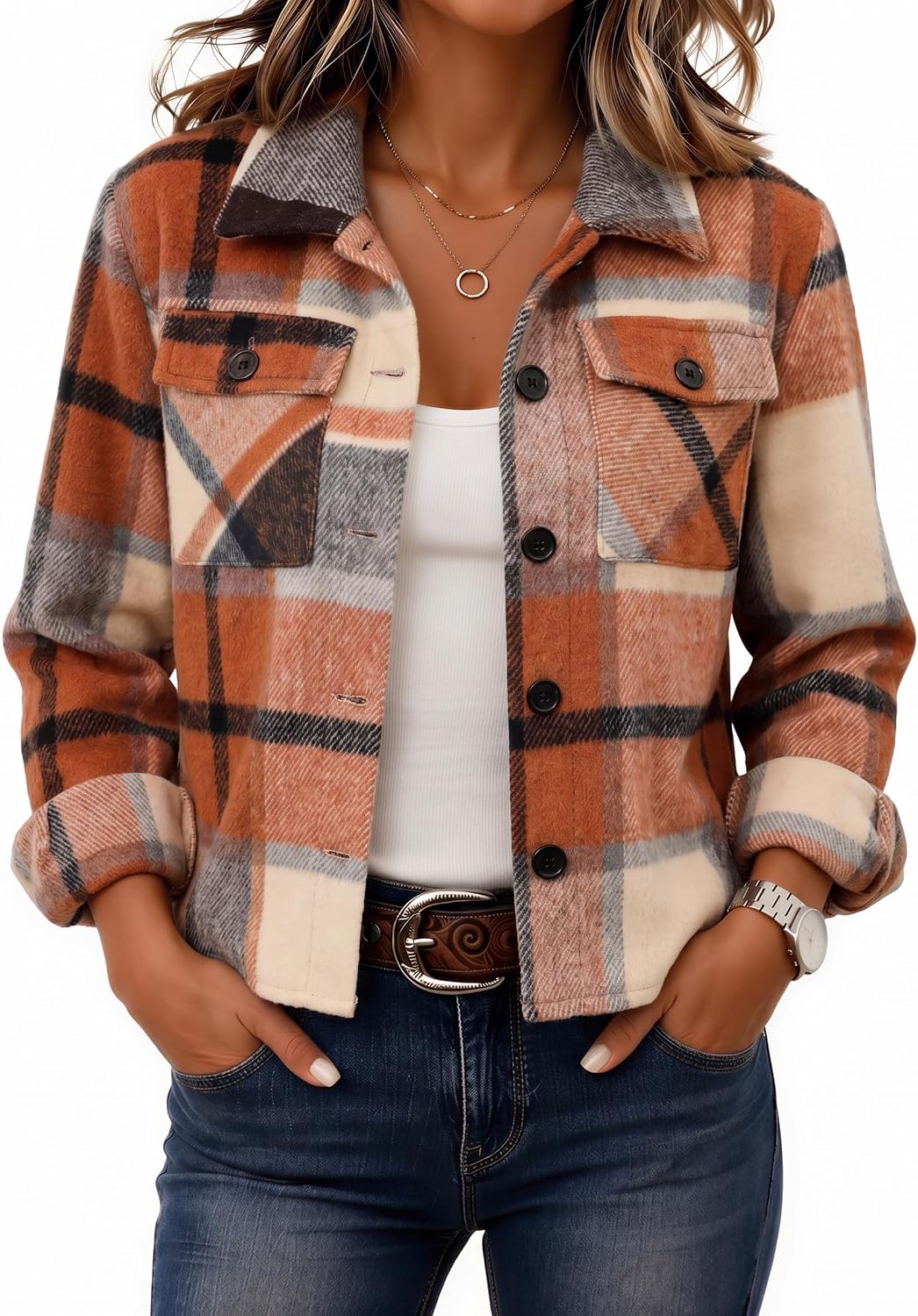 Zeagoo Flannels for Women Cropped Shacket Jacket Fashion Plaid Fall Coat