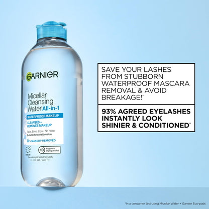 Garnier Micellar Water For Waterproof Makeup, Hydrating Facial Cleanser & Makeup Remover, Suitable for Sensitive Skin, Vegan, Cruelty Free, 13.5 Fl Oz (400mL), 1 Count