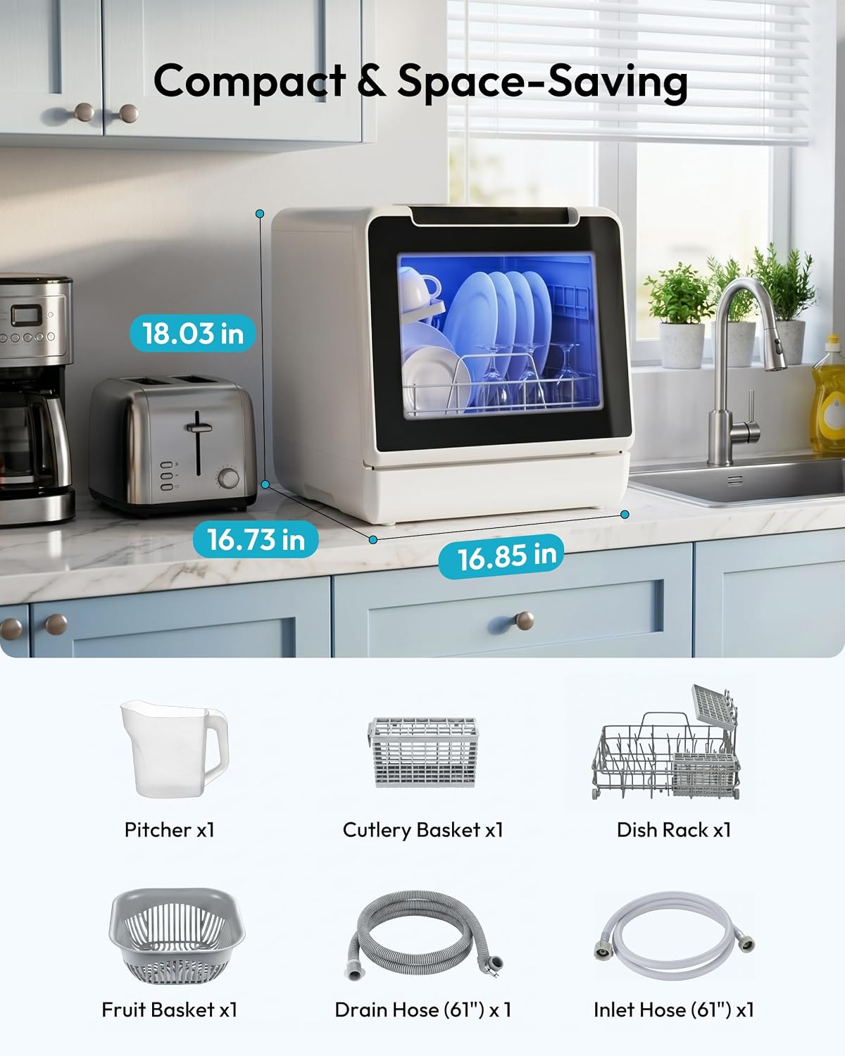 EUHOMY Countertop Dishwasher Portable, 8 Programs with 5L Tank, Black, 40dB