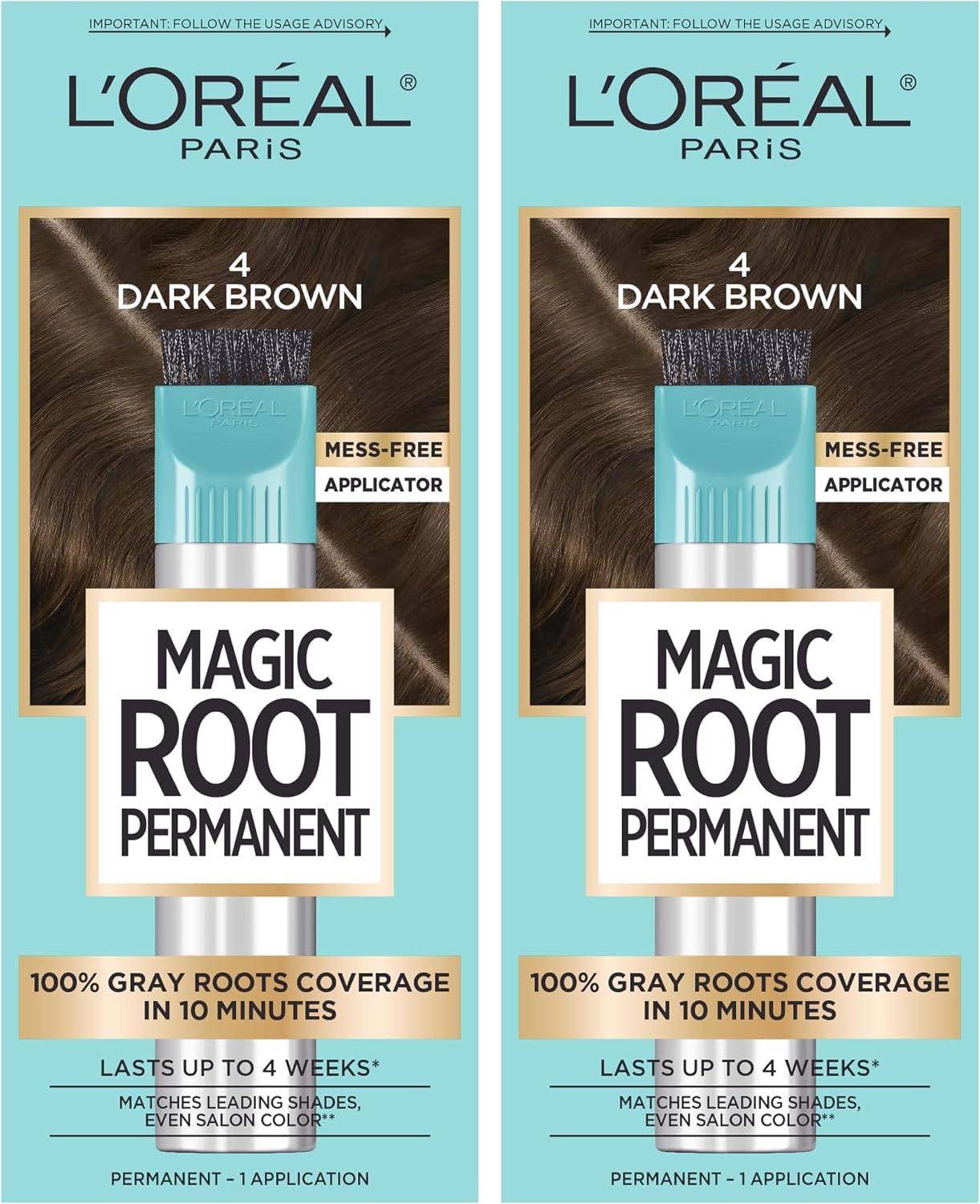 L'Oreal Paris Magic Root Permanent Hair Color Kit, 100% Gray Hair Coverage In Just 10 Minutes, Precision Brush Applicator for Seamless Application, 4 Dark Brown (2 Count)