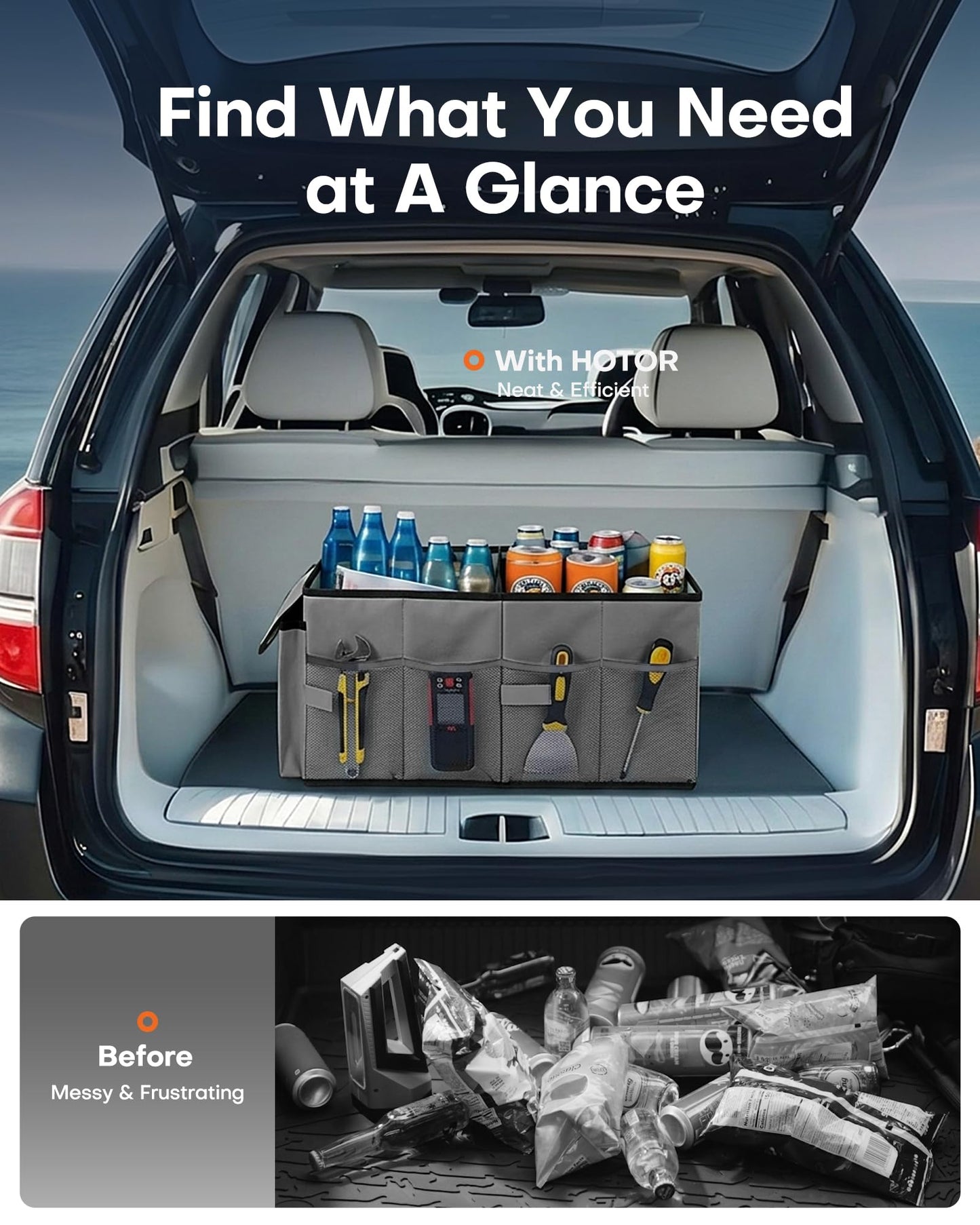 HOTOR Trunk Organizer - Foldable Car Organizer for SUVs & Sedans Storage