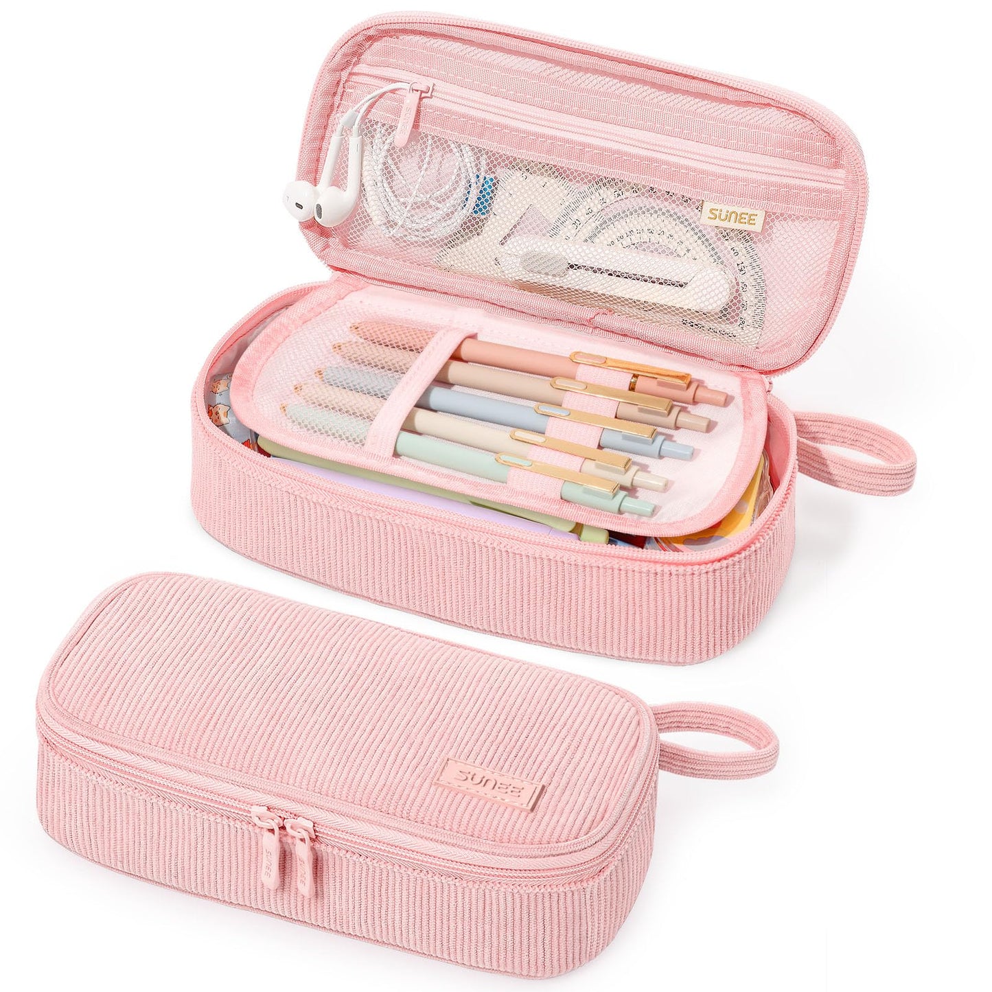 SUNEE Cute Pencil Case, Soft Corduroy Large Capacity Pencil Pouch, Aesthetic Zipper Pencil Bag, Big Storage Pen Organizer for Stationery, Pencil Box Back to School Supplies for Teen Girls Boys, Beige
