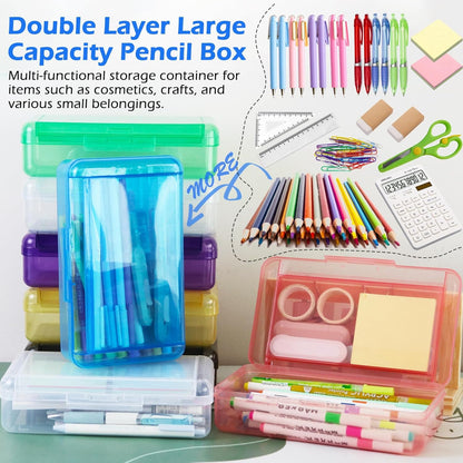 Double Layer Plastic Clear Hard Colored Pencil Box Case Pen Crayon Box