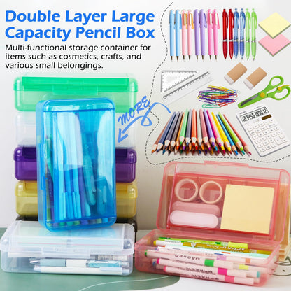 Double Layer Plastic Clear Hard Colored Pencil Box Case Pen Crayon Box