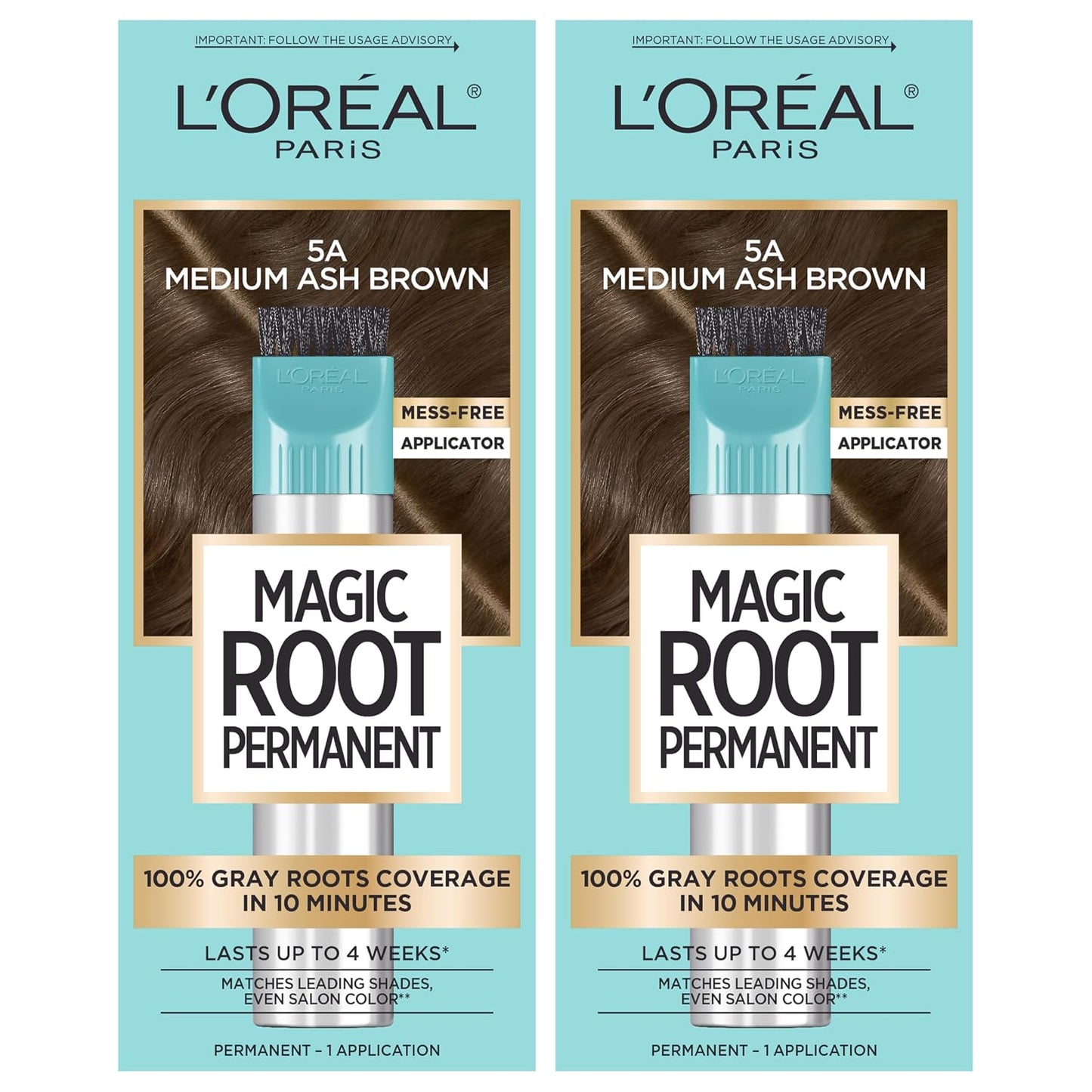 L'Oreal Paris Magic Root Permanent Hair Color Kit, 100% Gray Hair Coverage In Just 10 Minutes, Precision Brush Applicator for Seamless Application, 4 Dark Brown (2 Count)