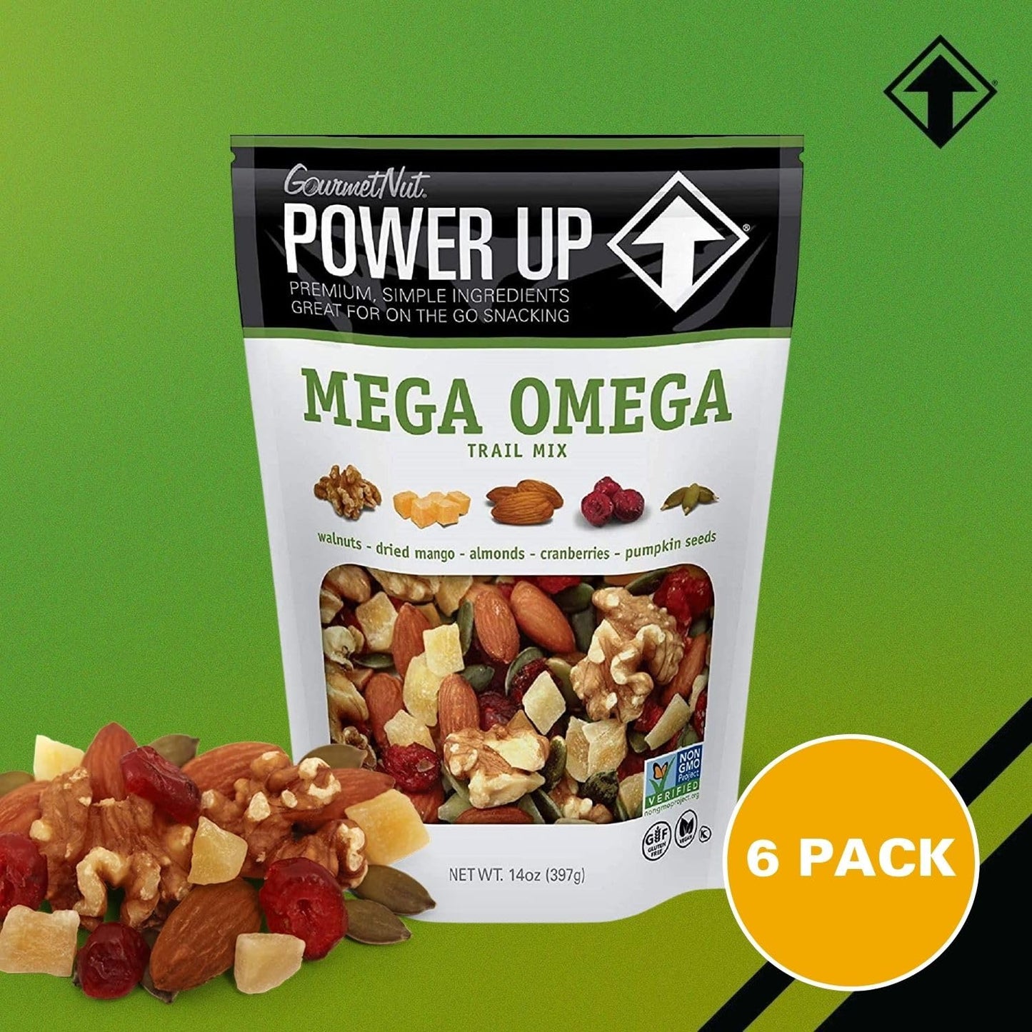 Power Up Trail Mix, Mega Omega Trail Mix, Non-GMO, Vegan, Gluten Free, No Artificial Ingredients, Gourmet Nut, 14 Ounce Bag