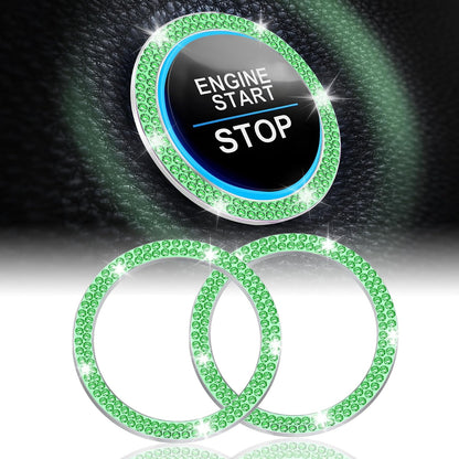 LivTee 2 PCS Crystal Double Rhinestone Car Engine Start Stop Decoration Ring, Bling Car Interior Accessories for Women, Push to Start Button Cover Sticker, Automotive Decals, Light Green