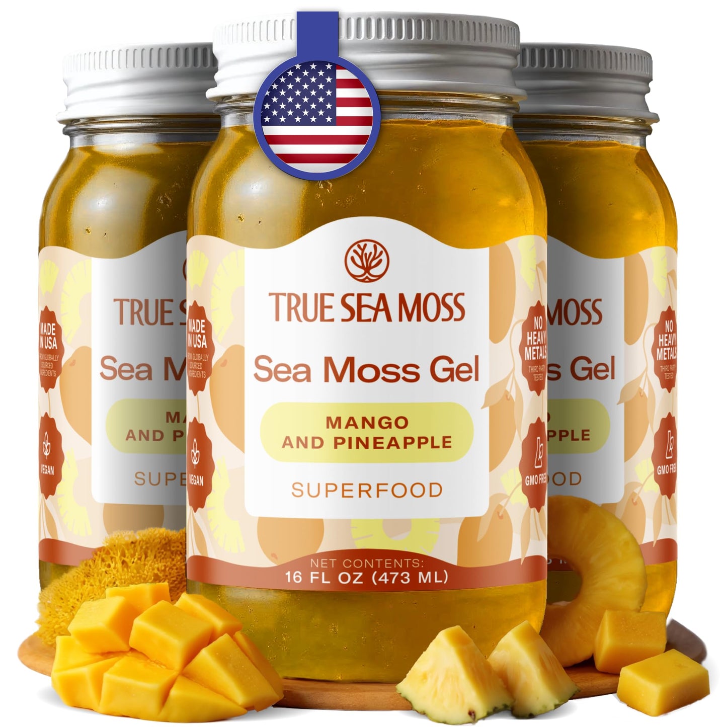 TrueSeaMoss Sea Moss Gel – Made in USA – Wildcrafted Seamoss, Fruits & Jarred Vegetables – Mango, Pack of 3 (Labels may Vary)