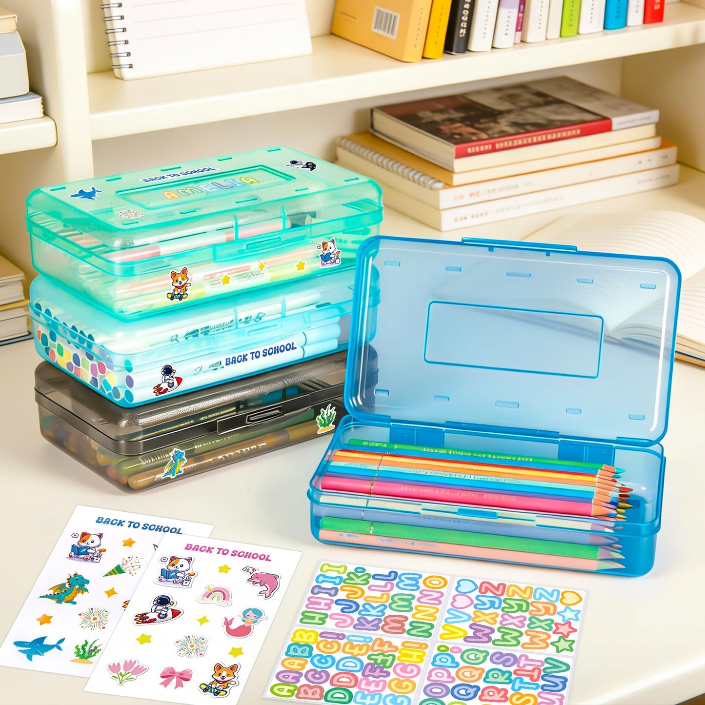 Clear Plastic Hard Pencil box Case with Personalized Sticker for Girl Boy