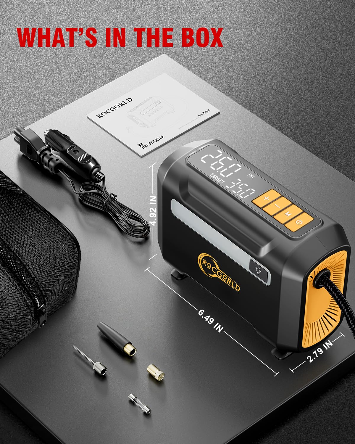 ROCGORLD R8 Tire Inflator Portable Air Compressor, DC 12V Air Compressor Portable with Large Dual Digital Screen, 3X Faster Inflation Air Pump for Car, Bike, Ball, Motor