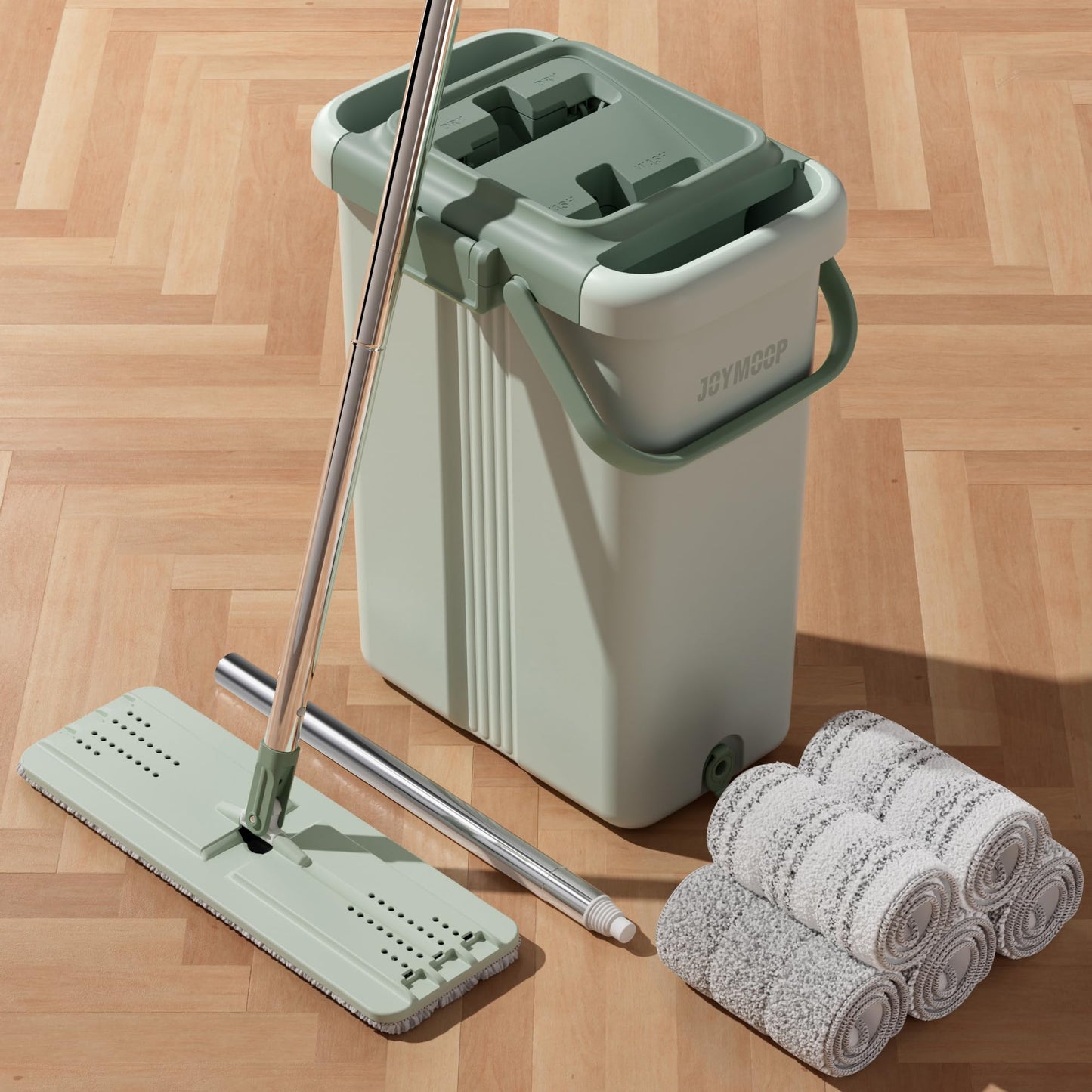 JOYMOOP Wall Mop and Bucket Set, Hands-Free Flat Floor Mop with 3 Washable Microfiber Pads, Wet and Dry Use, Ideal for Home and Commercial Floor Cleaning