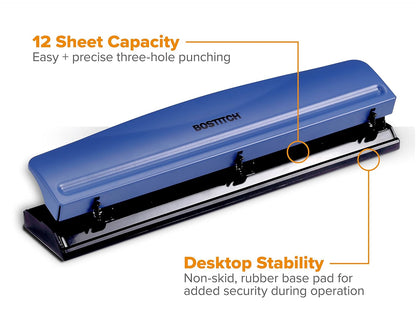 Bostitch Office Premium 3 Hole Punch, 12 Sheet Capacity, Metal, Rubber Base, Easy-Clean Tray, Silver