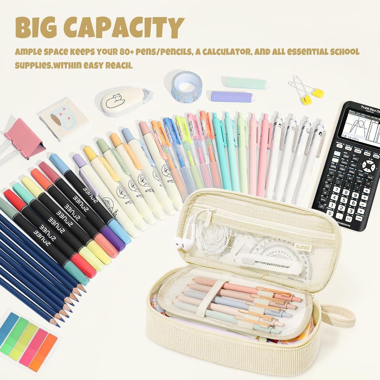 SUNEE Cute Pencil Case, Soft Corduroy Large Capacity Pencil Pouch, Aesthetic Zipper Pencil Bag, Big Storage Pen Organizer for Stationery, Pencil Box Back to School Supplies for Teen Girls Boys, Beige