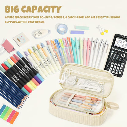 SUNEE Cute Pencil Case, Soft Corduroy Large Capacity Pencil Pouch, Aesthetic Zipper Pencil Bag, Big Storage Pen Organizer for Stationery, Pencil Box Back to School Supplies for Teen Girls Boys, Beige