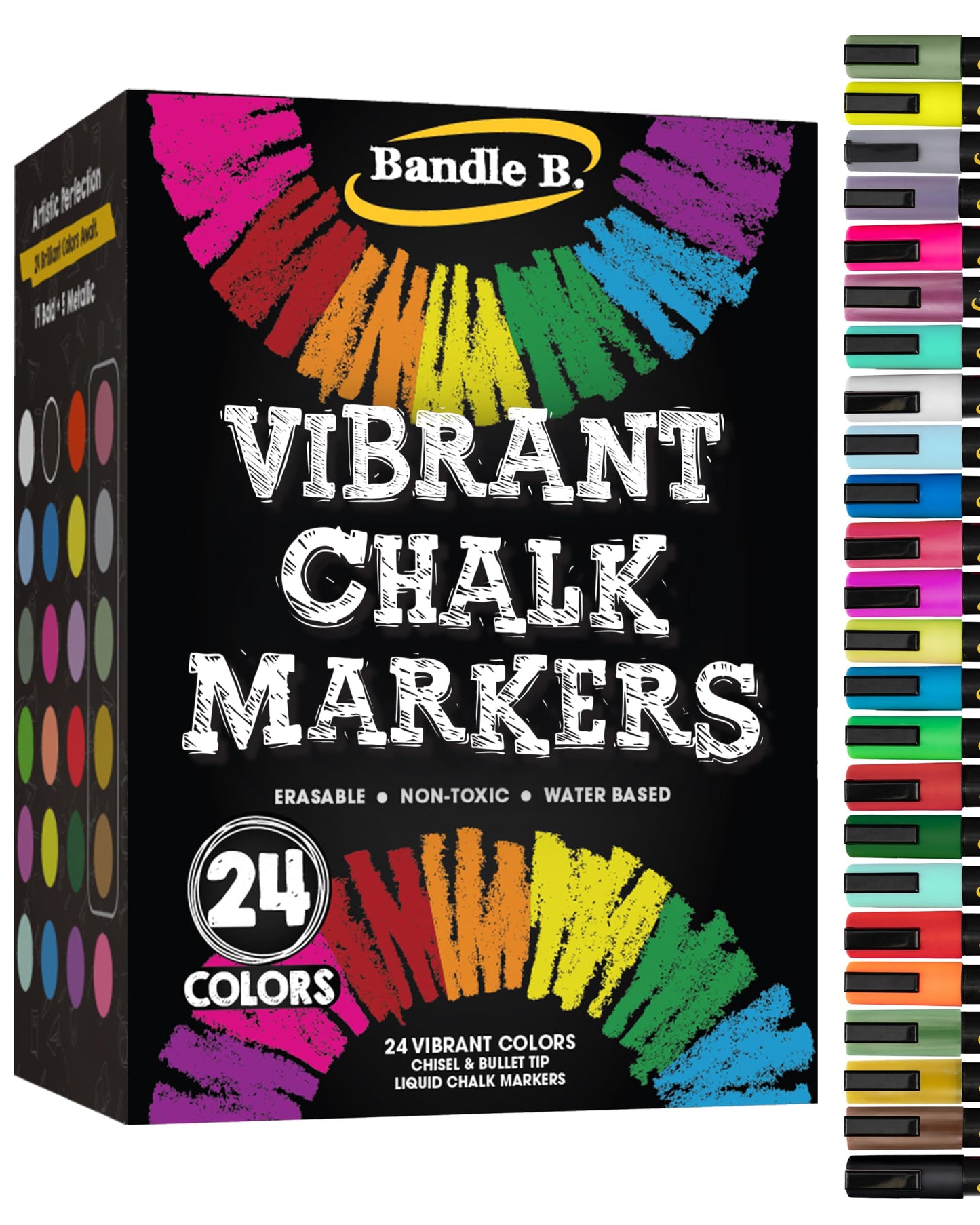 Bandle B. Chalk Markers - 8 Vibrant, Erasable, Non-Toxic, Water-Based, Reversible Tips. For Glass or Chalkboard Markers for Businesses, Restaurants, Liquid Drawing Chalk (Vibrant 6mm)