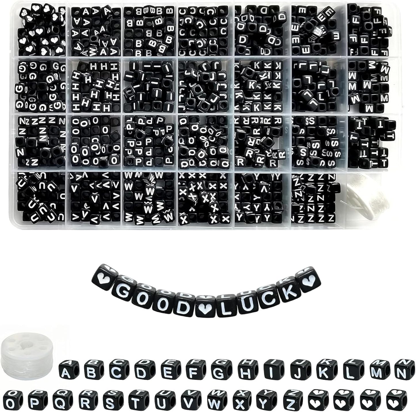 Looconi 810pcs Gold Letter Beads Square 6x6mm White Cube Acrylic Alphabet A-Z with Heart Pattern and Crystal Line for Jewelry Making