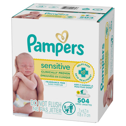 Pampers Sensitive Baby Wipes, Clinically Proven, Fragrance Free, Unscented, Water Based, Hypoallergenic, Multi-Use, Hand Wipes 1008 Wipes Total (18X Flip-Top Packs) [Packaging May Vary]