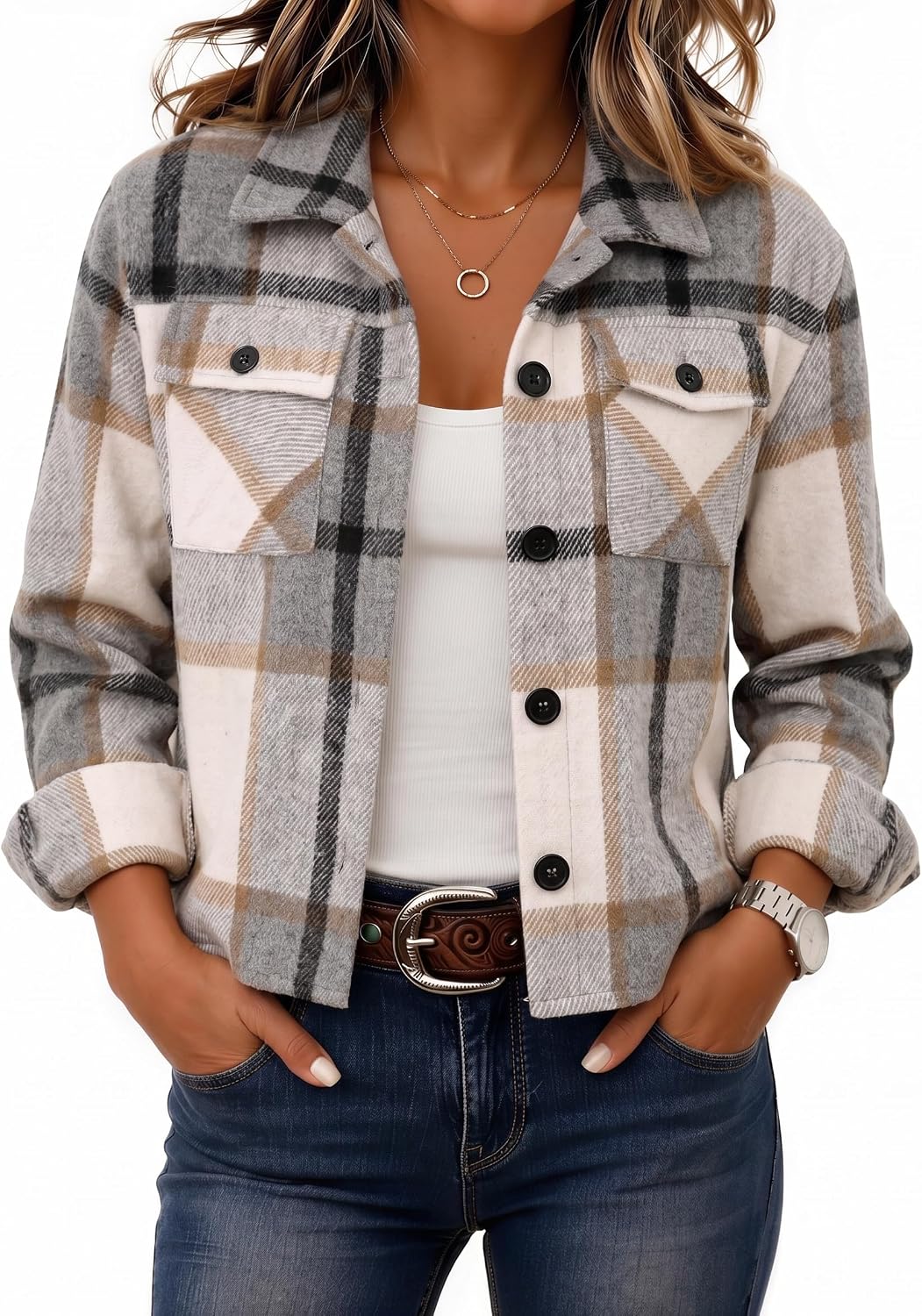 Zeagoo Flannels for Women Cropped Shacket Jacket Fashion Plaid Fall Coat