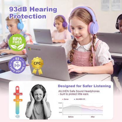 AILIHEN I35 Kids Headphones for School with Mic, 93dB Safe Volume, Orange