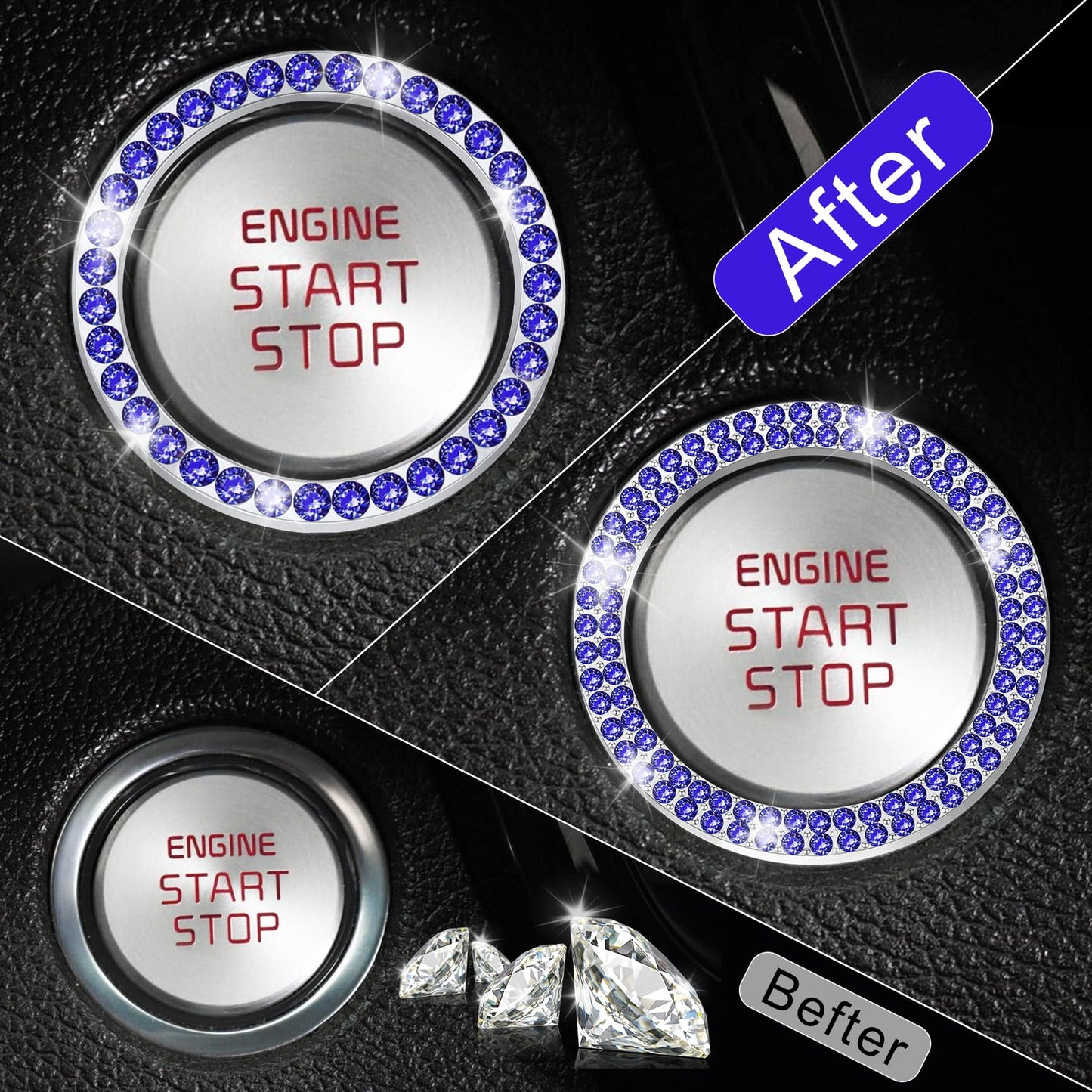 LivTee 2 PCS Crystal Double Rhinestone Car Engine Start Stop Decoration Ring, Bling Car Interior Accessories for Women, Push to Start Button Cover Sticker, Automotive Decals, Light Green