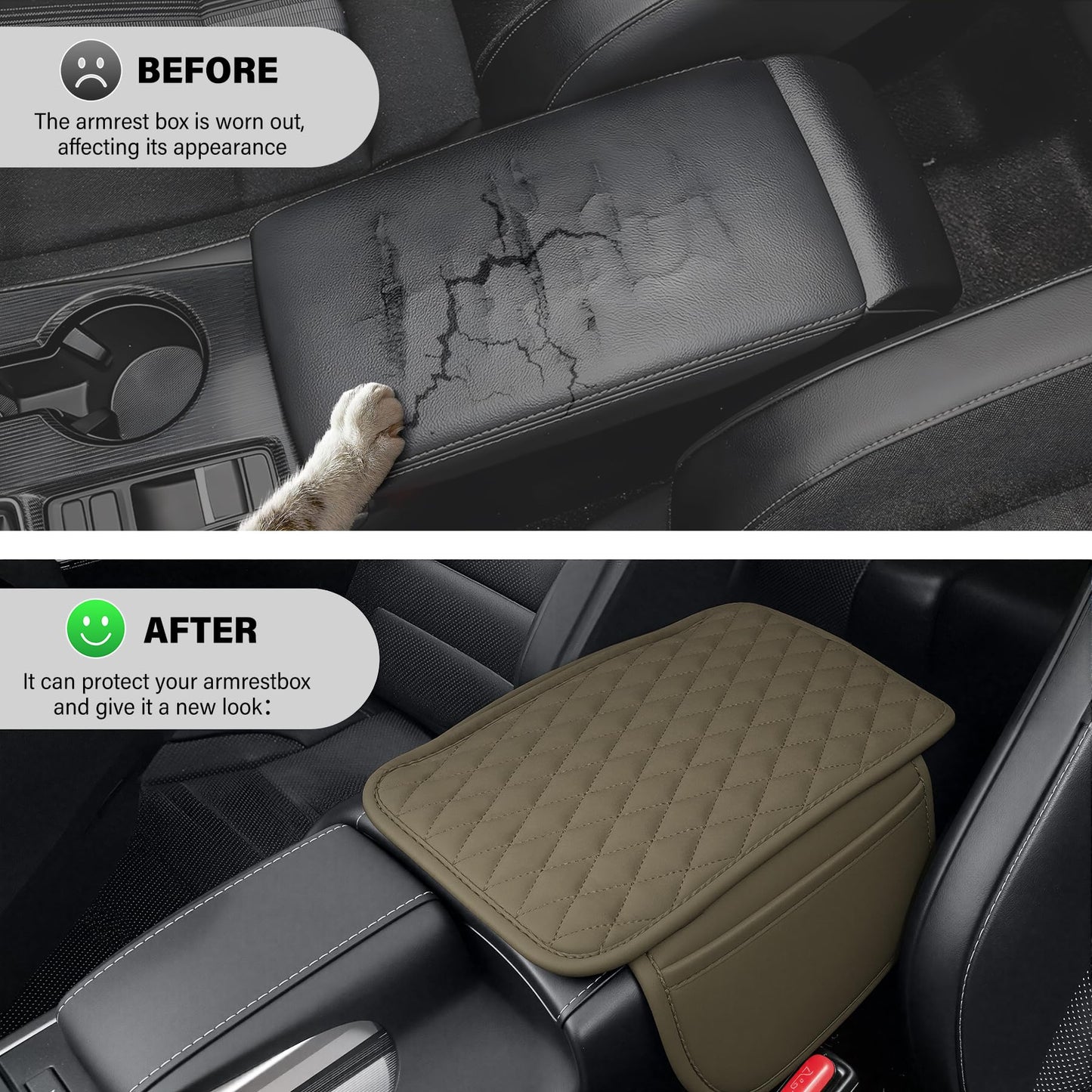 Amiss Car Center Console Cover, Upgraded Leather Car Armrest Cushion with 2 Storage Pockets, Universal Waterproof Cushion Pad, Non-Slip Car Interior Accessories, Fits Most Sedans SUVs Trucks (Black)