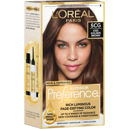 L'Oreal Paris Superior Preference Luminous Fade-Defying Permanent Hair Color, Hair Dye For Up to 9 Weeks of Radiance, Medium Brown 5, 1 Hair Dye Kit