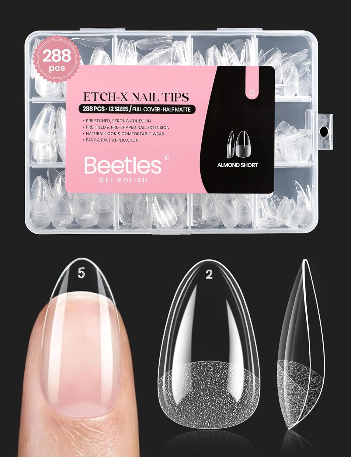 Beetles Soft Gel Nail Tips Short Almond 288pcs in 12 Sizes Etch-X