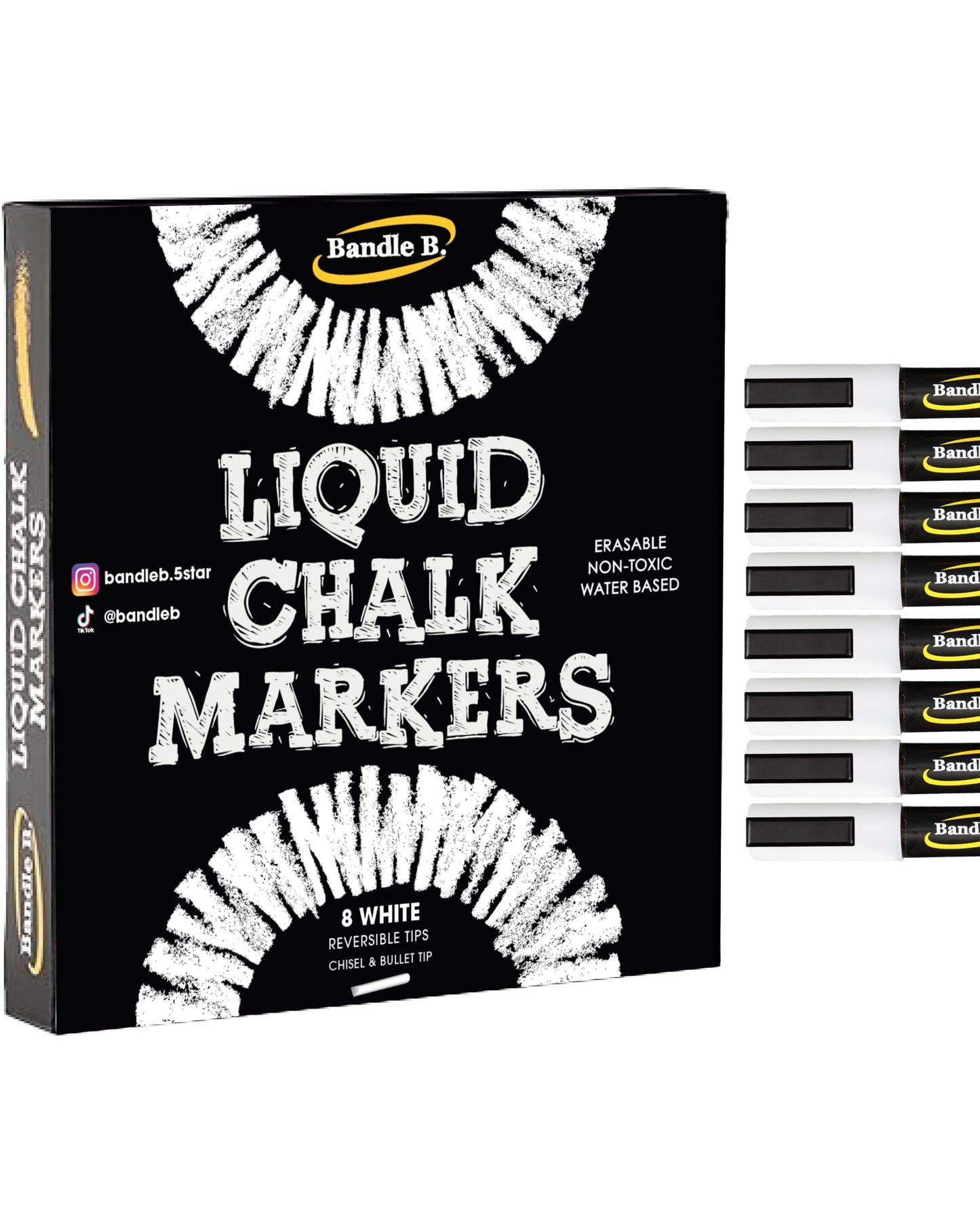 Bandle B. Chalk Markers - 8 Vibrant, Erasable, Non-Toxic, Water-Based, Reversible Tips. For Glass or Chalkboard Markers for Businesses, Restaurants, Liquid Drawing Chalk (Vibrant 6mm)