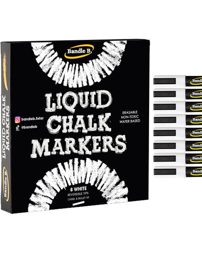 Bandle B. Chalk Markers - 8 Vibrant, Erasable, Non-Toxic, Water-Based, Reversible Tips. For Glass or Chalkboard Markers for Businesses, Restaurants, Liquid Drawing Chalk (Vibrant 6mm)