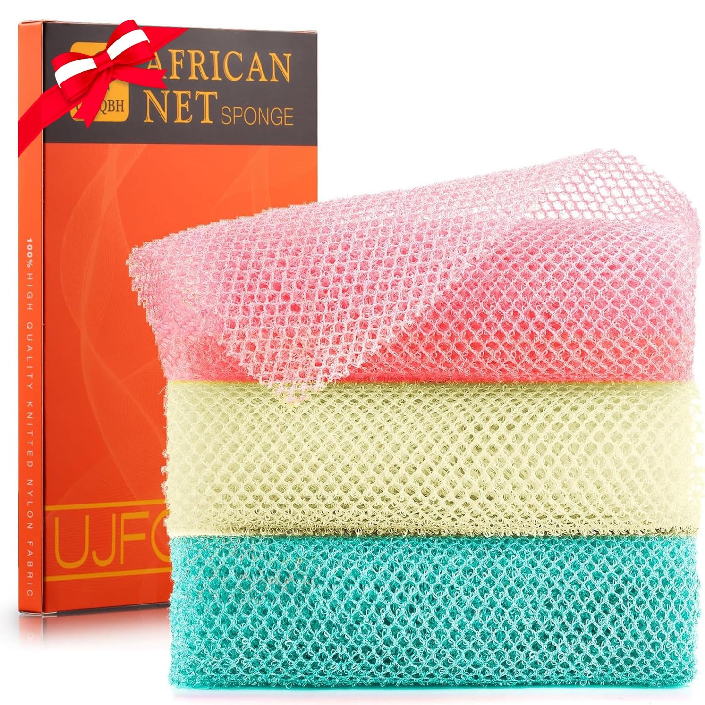 UJFQBH African Net Sponge Authenti, Exfoliating Body Scrubber for Back and Hard to Reach Areas, Gentle Daily Exfoliation for Deep Cleansing, Quick Drying Shower Essential, Aqua Grey 3 Pack