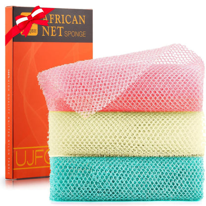 UJFQBH African Net Sponge Authenti, Exfoliating Body Scrubber for Back and Hard to Reach Areas, Gentle Daily Exfoliation for Deep Cleansing, Quick Drying Shower Essential, Aqua Grey 3 Pack