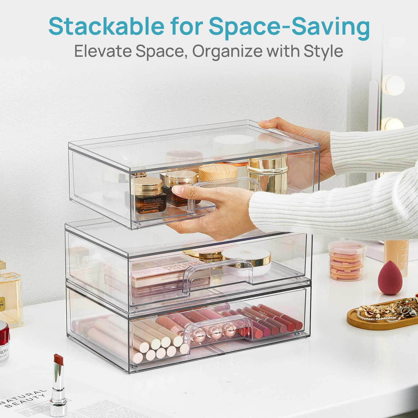 Vtopmart 2 Pack Small Clear Stackable Storage Drawers for Desk, Countertop