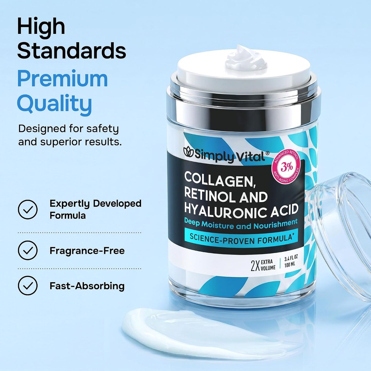 SimplyVital Face Moisturizer Retinol Collagen Hyaluronic Acid Cream 3.4 oz