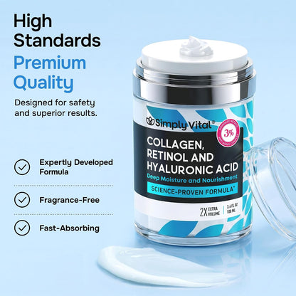 SimplyVital Face Moisturizer Retinol Collagen Hyaluronic Acid Cream 3.4 oz