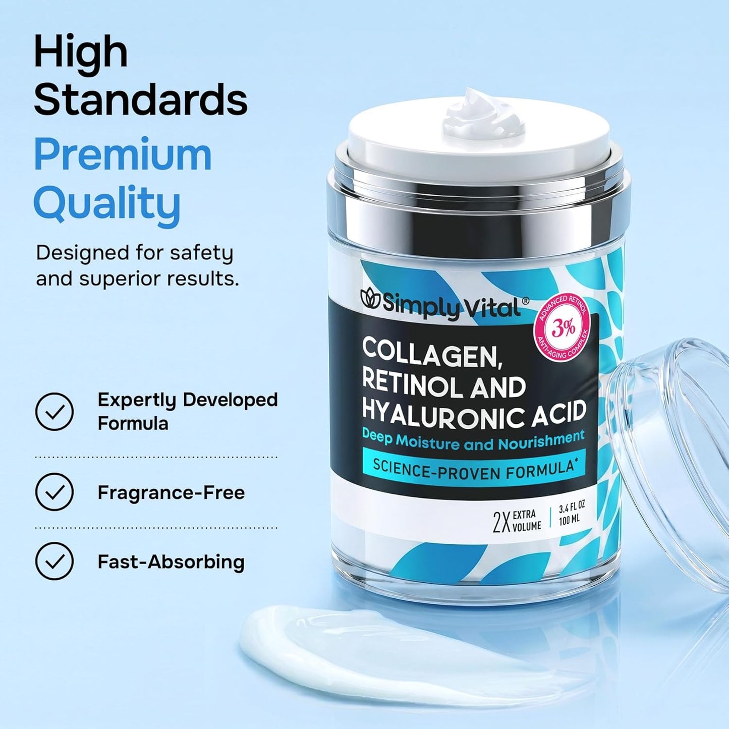 SimplyVital Face Moisturizer Retinol Collagen Hyaluronic Acid Cream 3.4 oz
