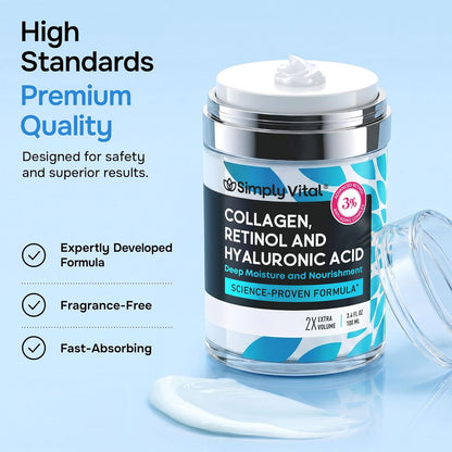 SimplyVital Face Moisturizer Retinol Collagen Hyaluronic Acid Cream 3.4 oz