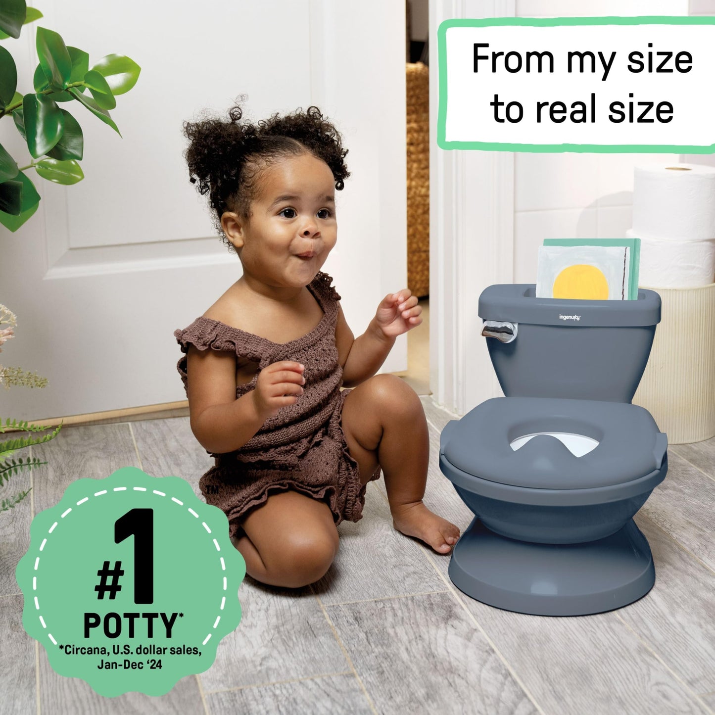 Ingenuity My Size Potty Pro 2-in-1 Potty Training Toilet, Floor Potty with Removable Potty Seat for Standard Toilets, Realistic Flushing Sound, for Toddlers Ages 18+ Months, Up to 50 lb