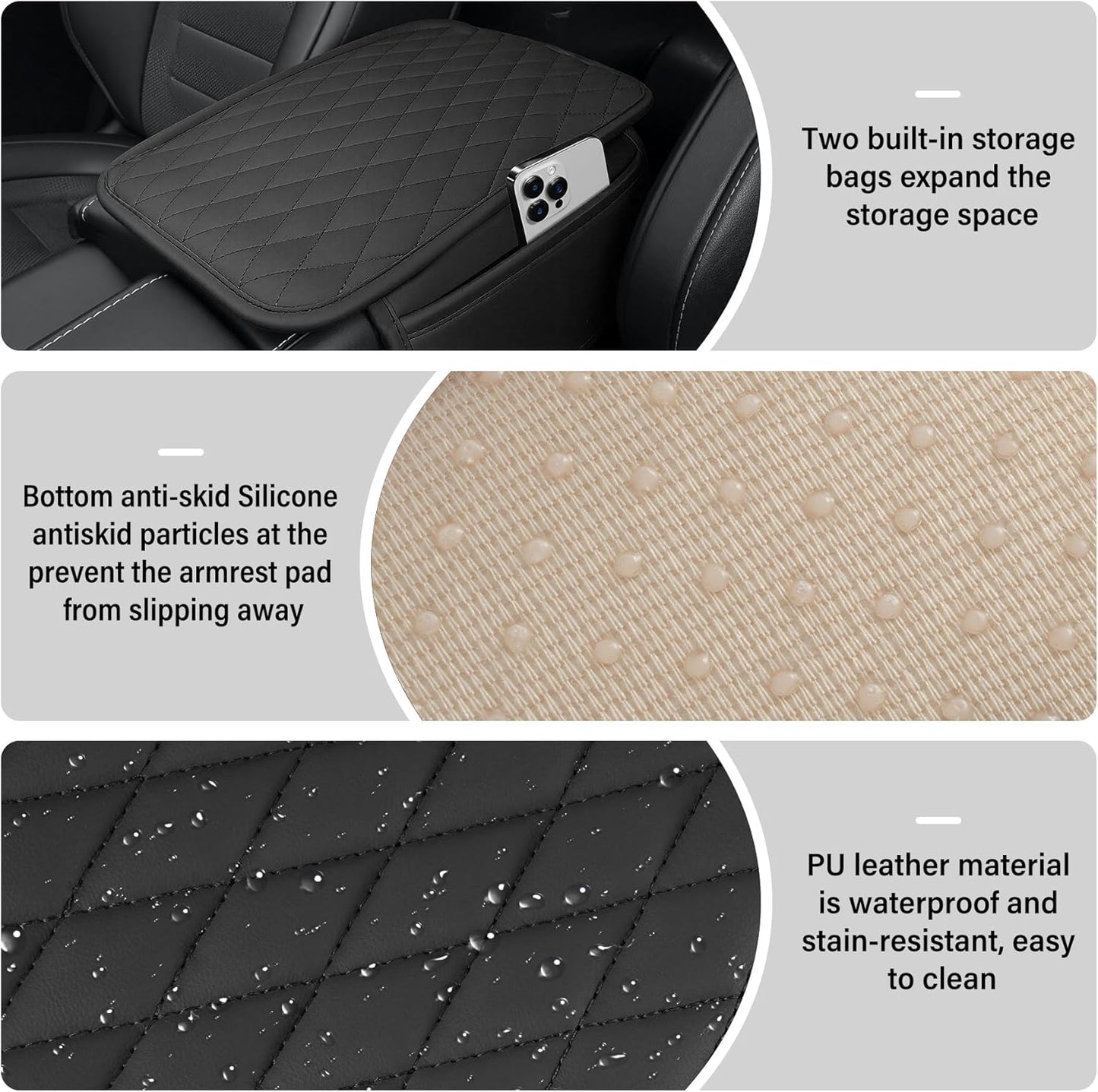 Amiss Car Center Console Cover, Upgraded Leather Car Armrest Cushion with 2 Storage Pockets, Universal Waterproof Cushion Pad, Non-Slip Car Interior Accessories, Fits Most Sedans SUVs Trucks (Black)