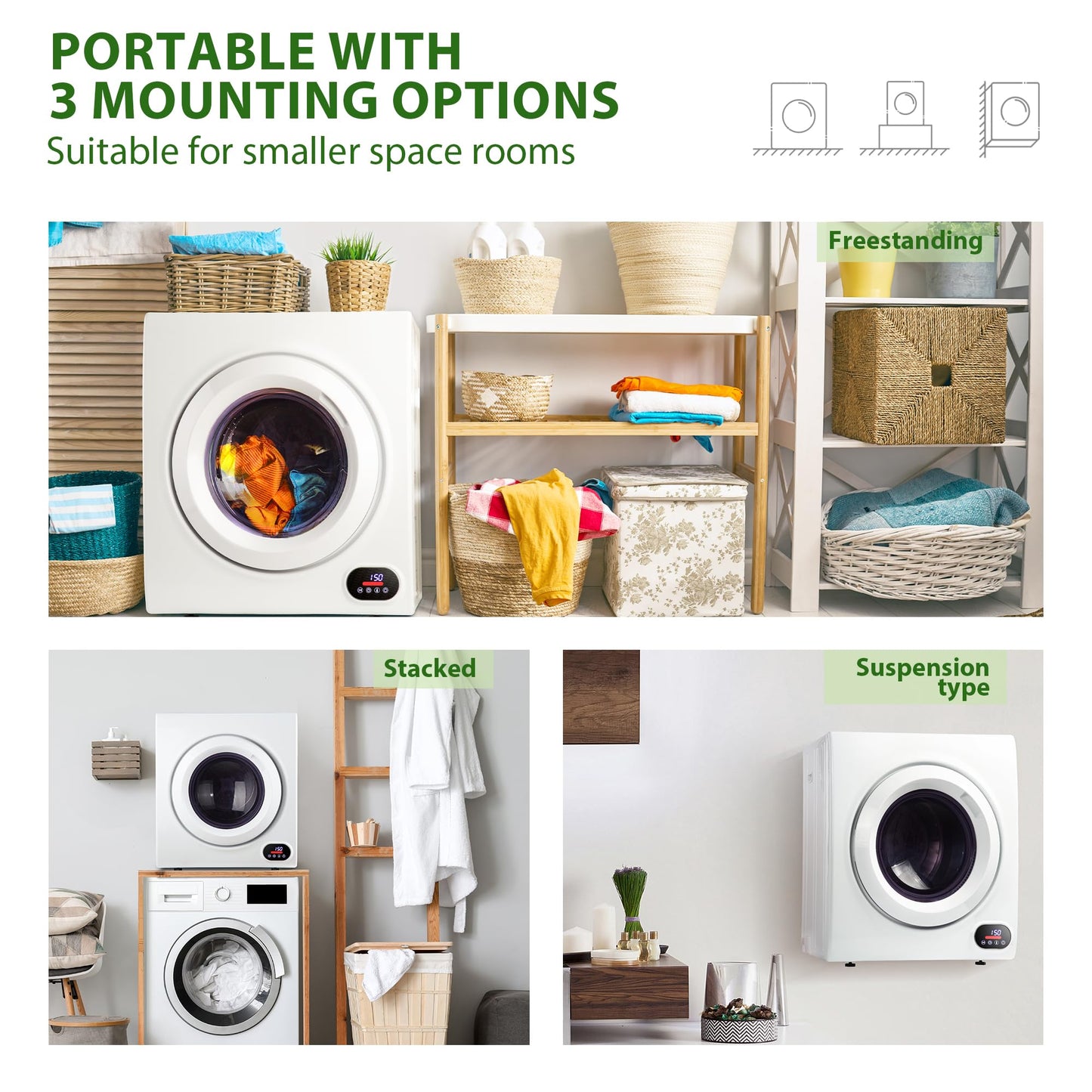 Euhomy Portable Clothes Dryer for Laundry, 1.5 Cu. Ft. Small Portable Dryers for Clothes, 120V Electric Dryer with Stainless Steel Drum, 850W Dryer Machine for Apartments, White