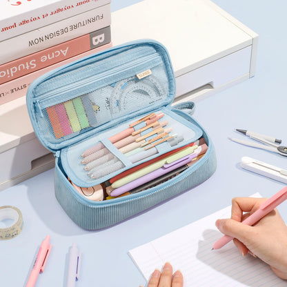 SUNEE Cute Pencil Case, Soft Corduroy Large Capacity Pencil Pouch, Aesthetic Zipper Pencil Bag, Big Storage Pen Organizer for Stationery, Pencil Box Back to School Supplies for Teen Girls Boys, Beige