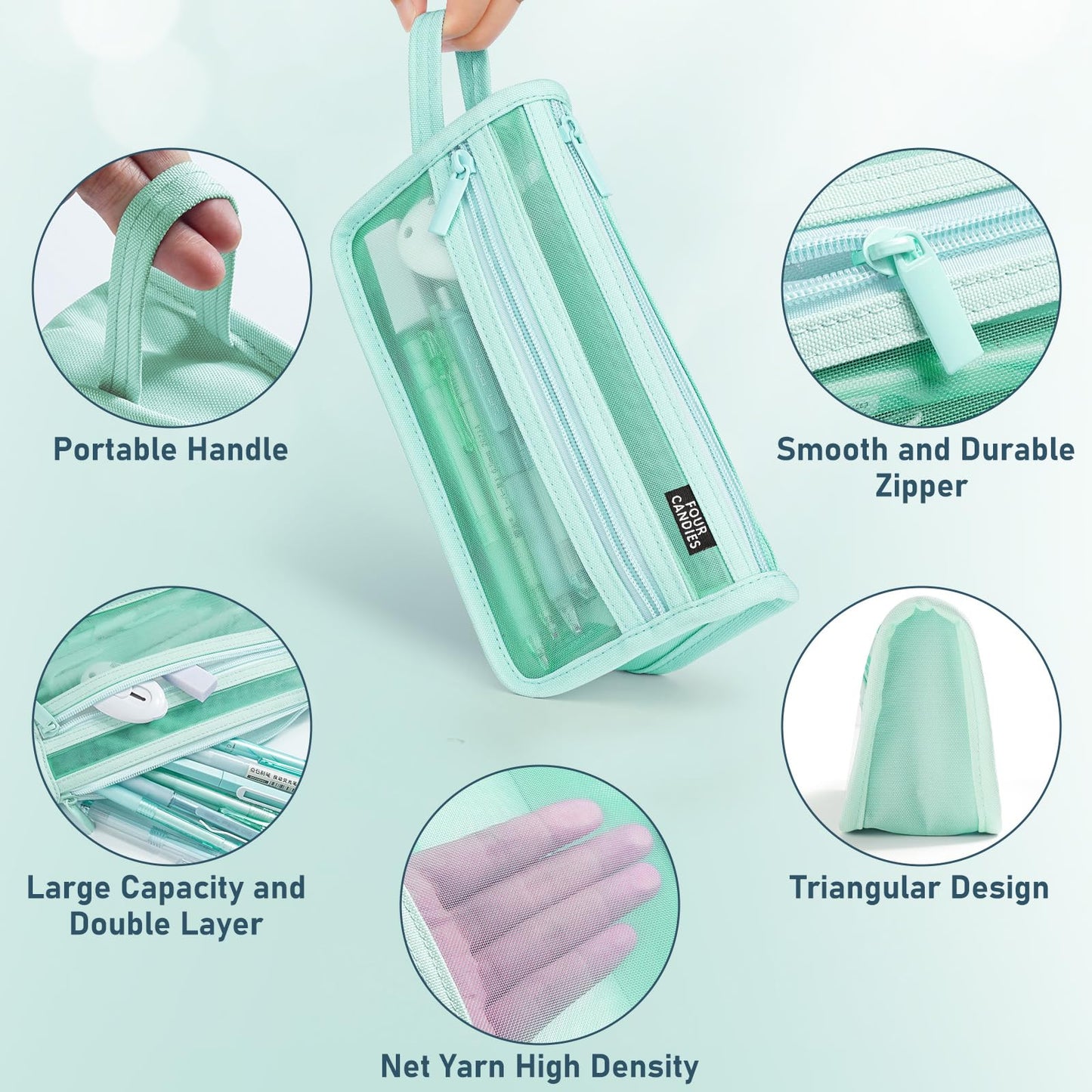 Four Candies Grid Mesh Pencil Case, Clear Double-layer with Handle (Purple)