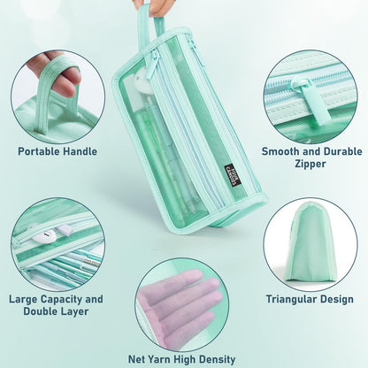 Four Candies Grid Mesh Pencil Case, Clear Double-layer with Handle (Purple)
